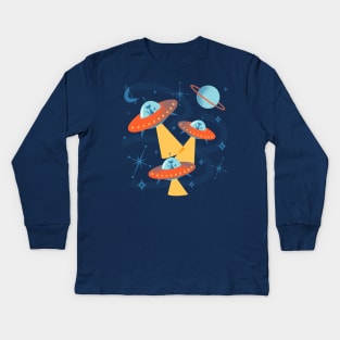 Atomic Space Cadets Cats in Retro Flying Saucer UFOs Kids Long Sleeve T-Shirt